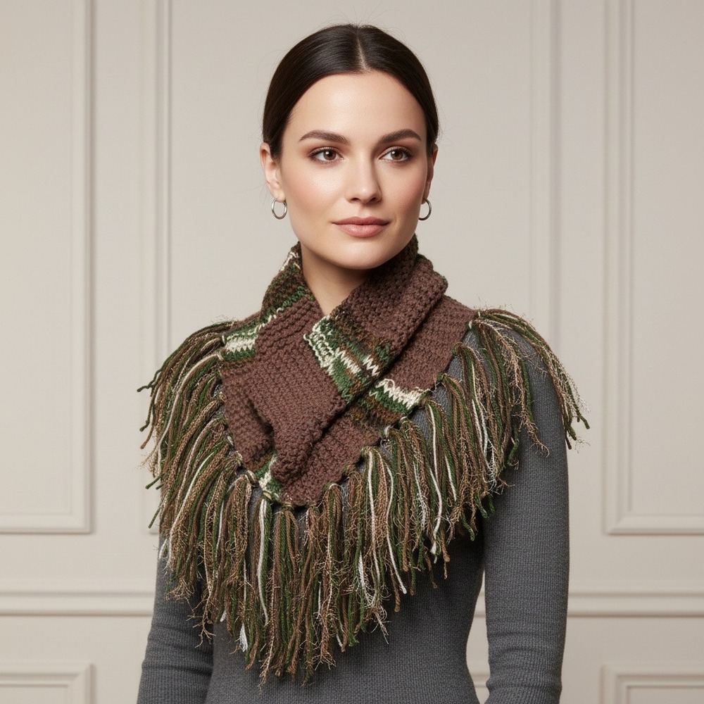 NEW‎ Hand Knitted Boho Cowl Scarf Fringe Brown Green Hippie Artsy Indie Earthy